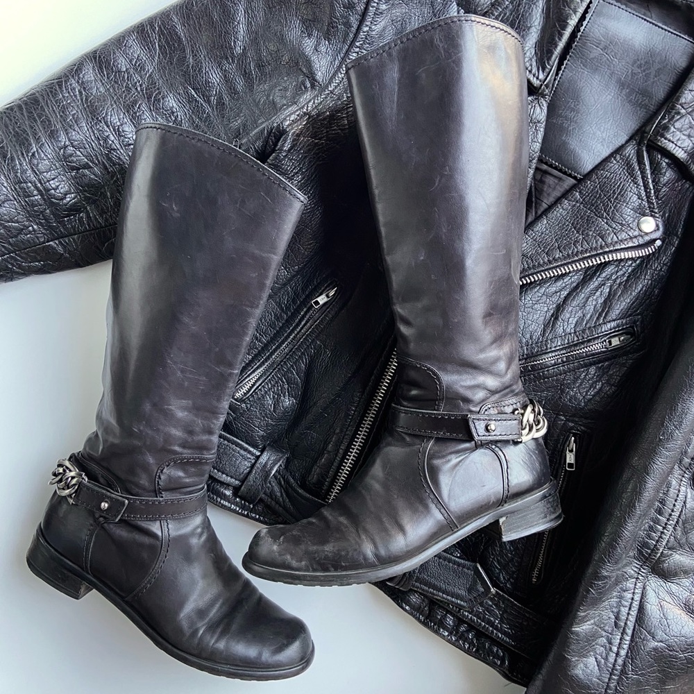 Stuart Weitzman Black Leather Knee-High Combat Boots